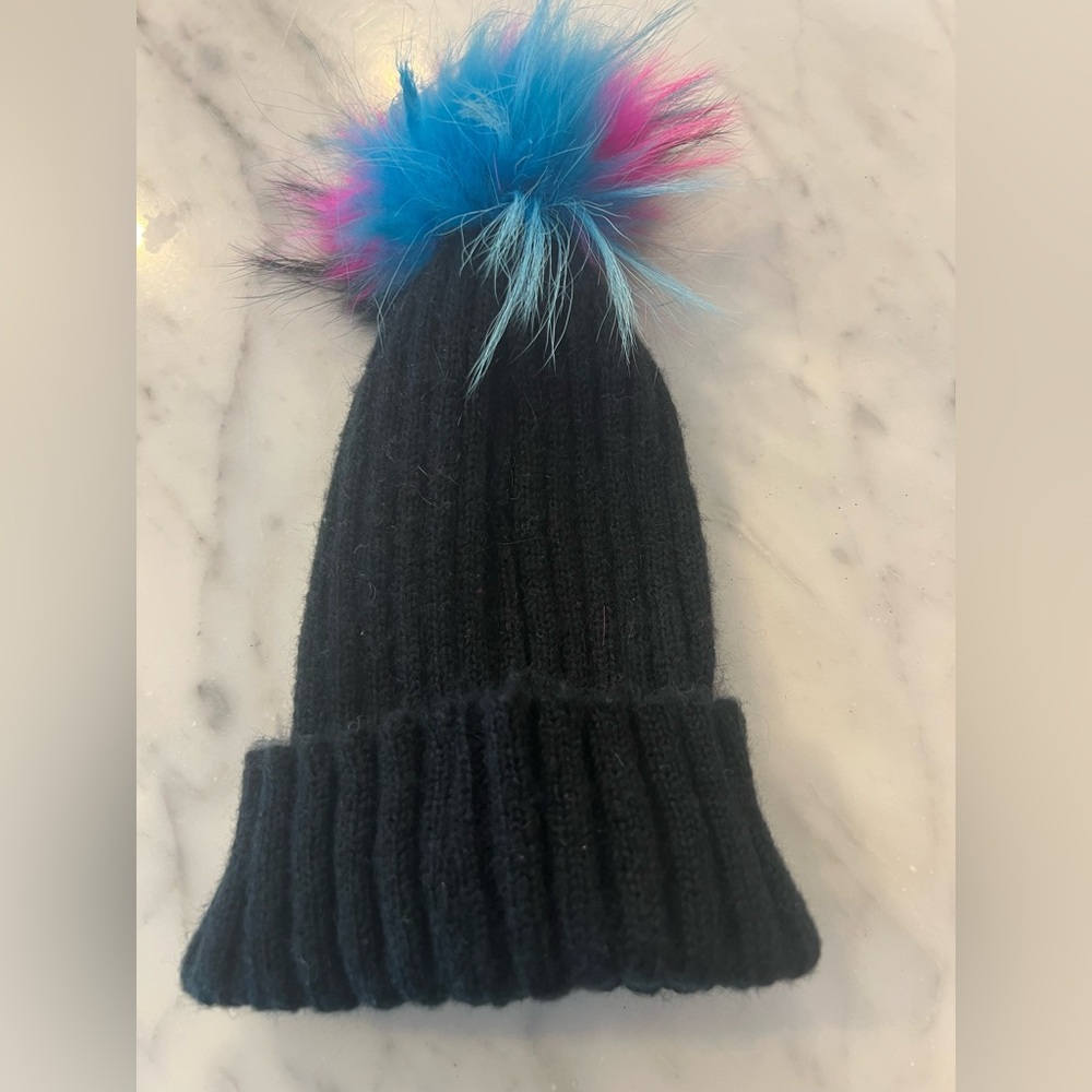 Bari Lynn Black Knit Beanie Hat with Rainbow Faux Fur Pom One Size Winter EUC